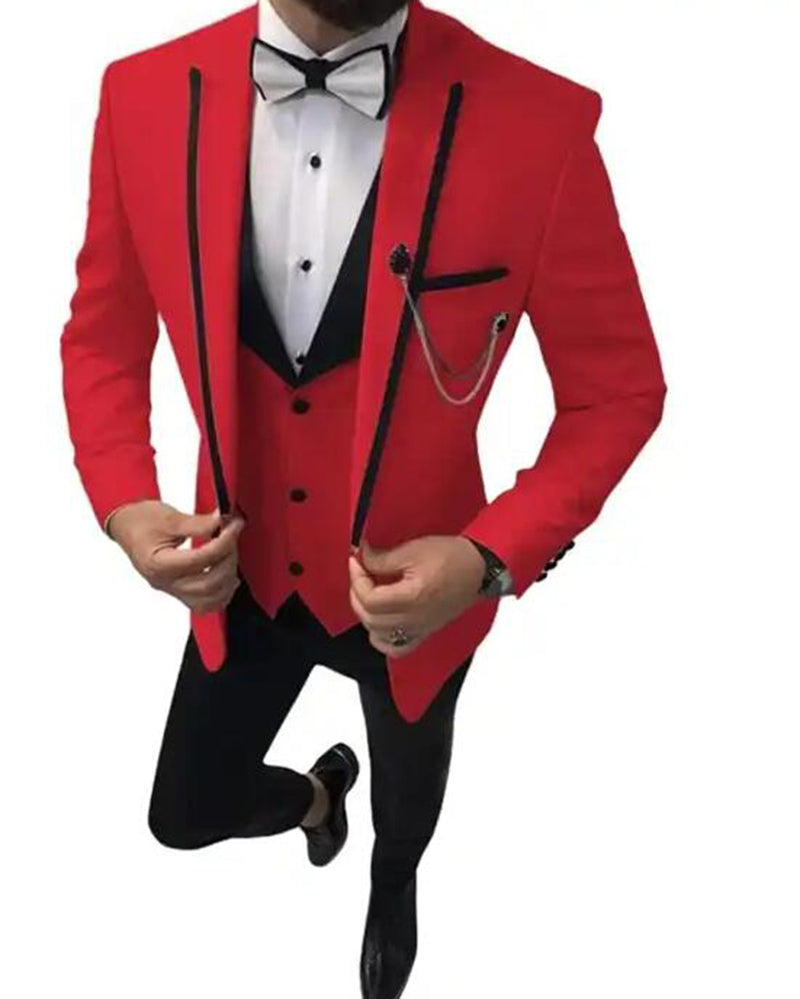Stylish 3-Piece Men's Prom Tuxedo Suit - Red Blazer with Black Trim (CB2364) | Perfect for Prom Night, Weddings & Formal Events