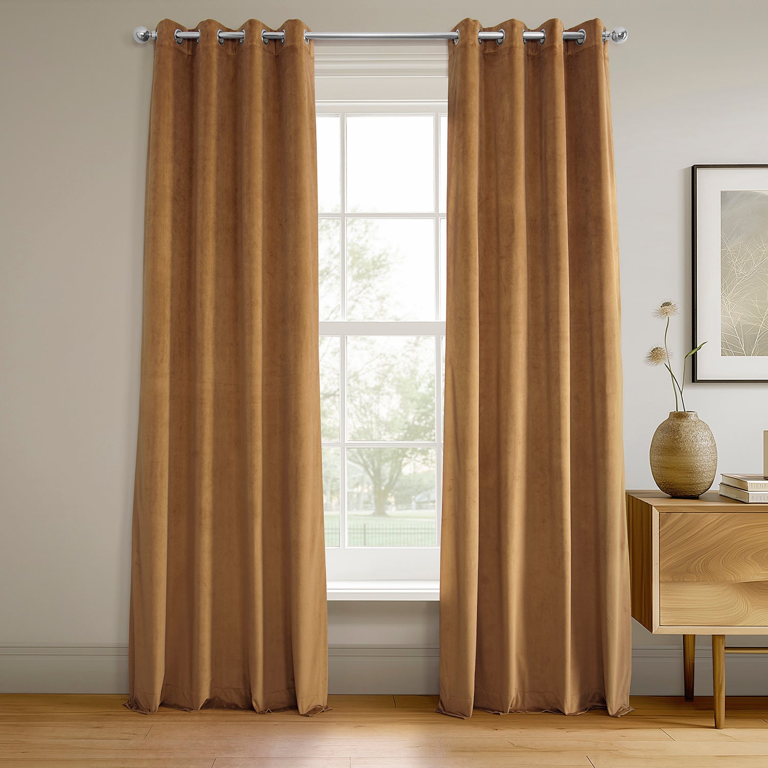 Amber Gold Grommet Blackout Curtains for Bedroom - Thermal Insulated Velvet Drapes with Signature Design, Perfect for Home Theater, Nursery & Light Control