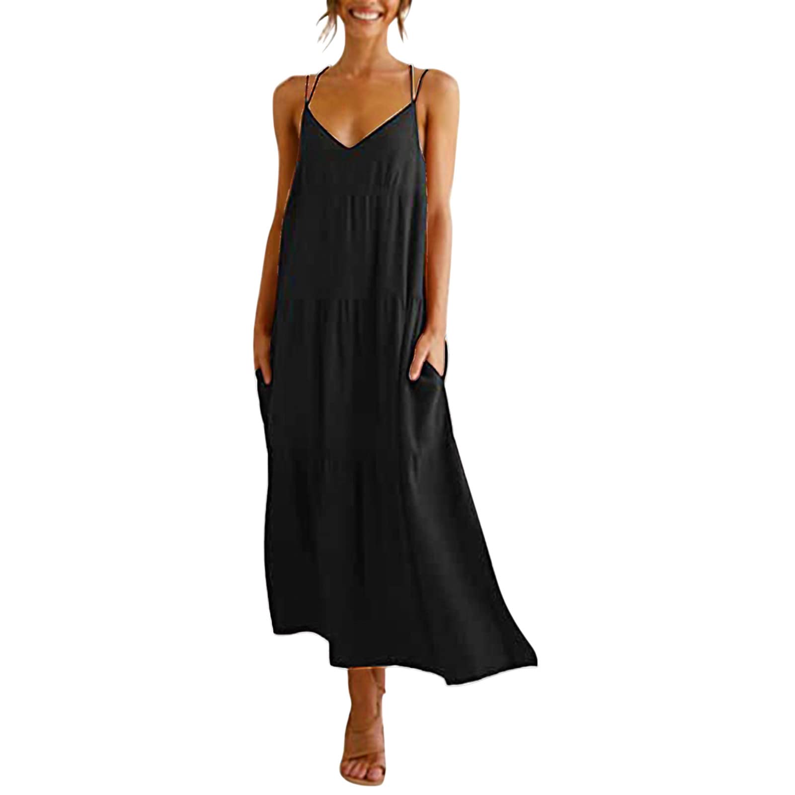 Women's Summer Casual Backless Suspenders Dress - Sleeveless V-Neck Sundress with Pockets | Perfect for Beach Vacation, Pool Party & Summer Outings