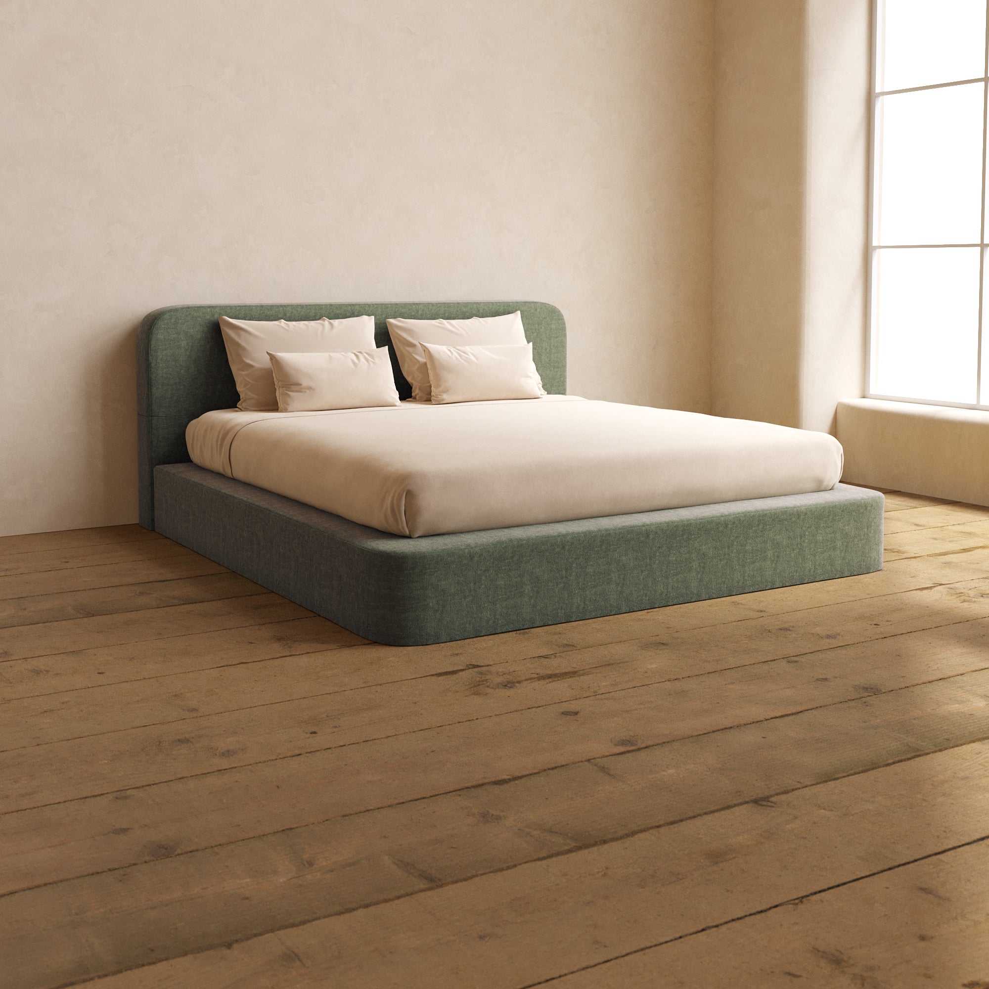 King Upholstered Platform Bed with Headboard - Heirloom Velvet in Willow | Modern Bedroom Furniture for Master Bed, Guest Room & Apartment