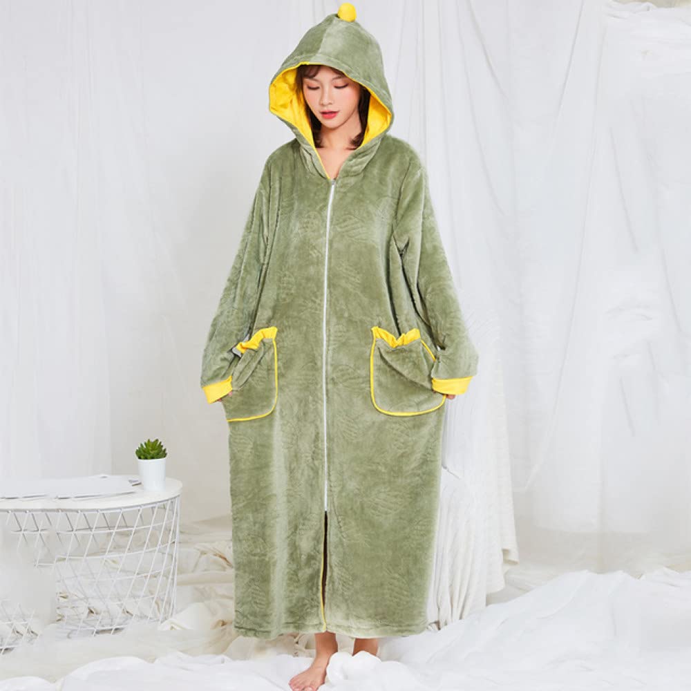 AUBERSIT Flannel Long Hoodie Warm Robe - Fleece Coral Thick Bathrobe & Pajamas for Women/Men, Cozy Home Wear, Green, XL - Perfect for Lounging, Spa Days & Winter Comfort