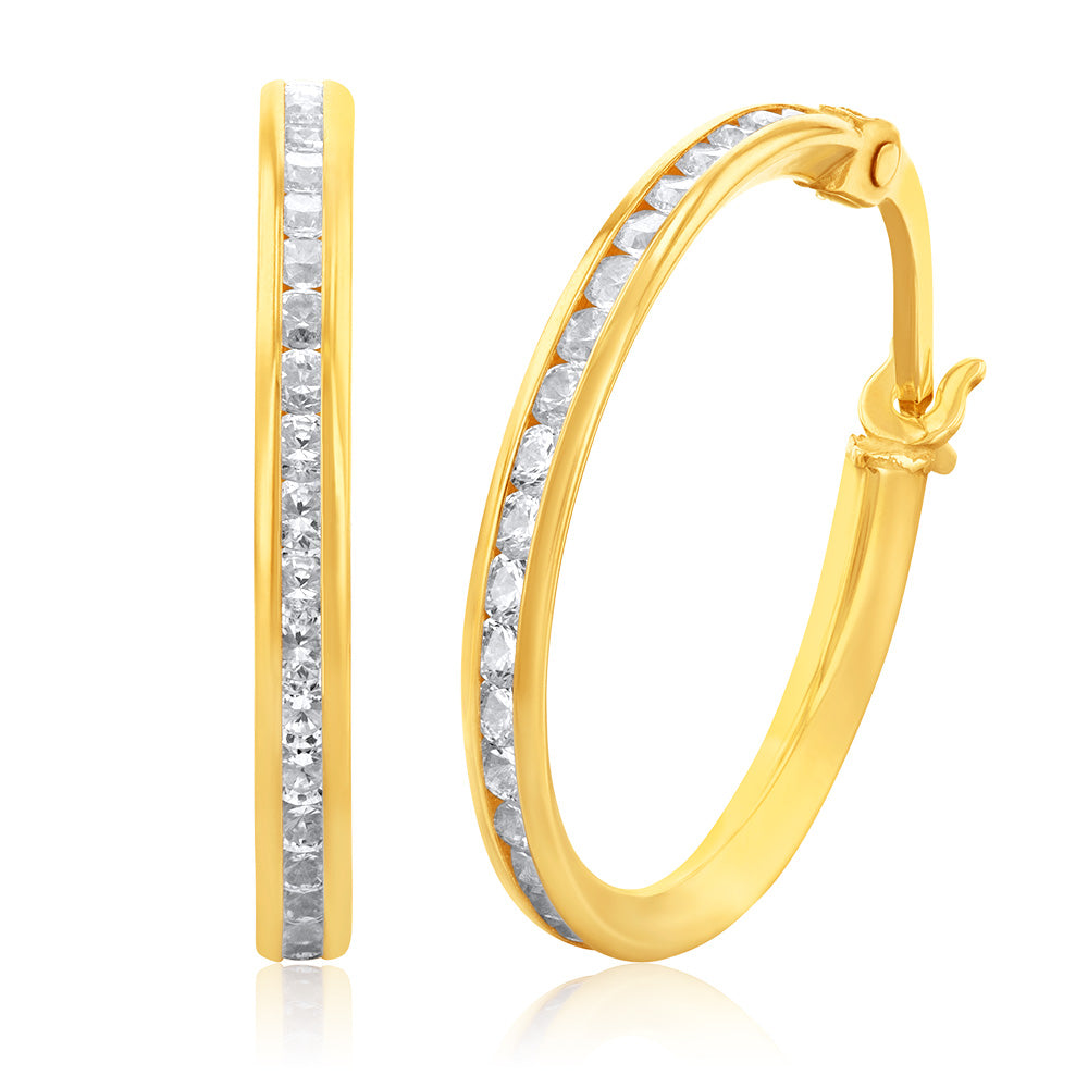 9ct Yellow Gold 15mm Cubic Zirconia Hoop Earrings for Women - Elegant CZ Studded Circle Earrings for Everyday Wear & Special Occasions