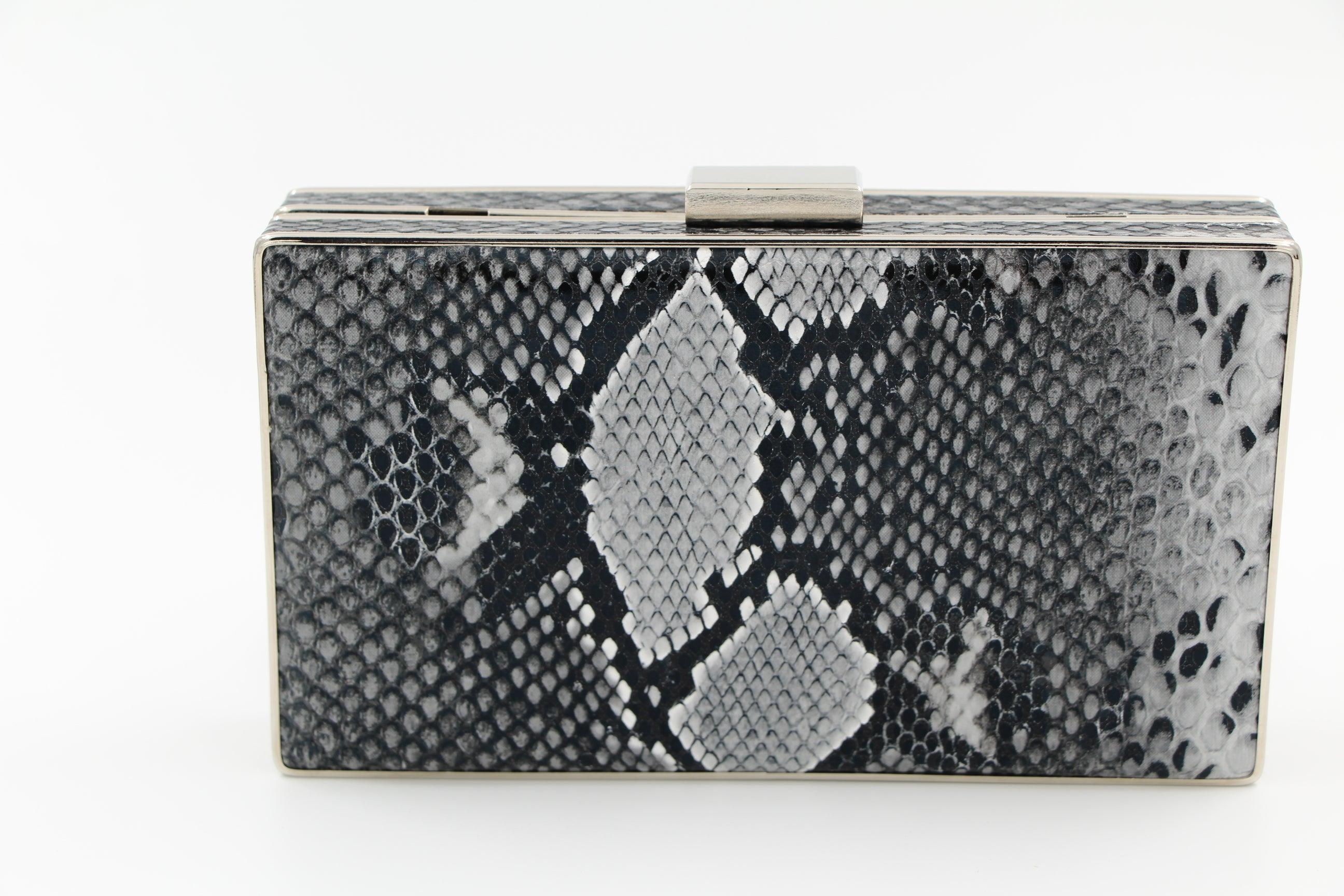 PEPE MOLL Grey Snake Print Box Clutch Bag - Stylish Women's Evening Clutch for Parties, Weddings & Special Occasions