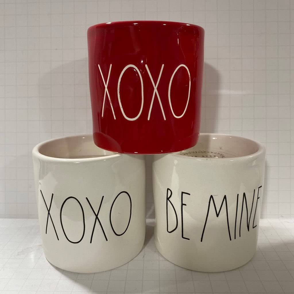 Rae Dunn XOXO + BE MINE + XOXO 3-Piece Ceramic Scented Candle Set - Sweet Pea & Sparkling Champagne Fragrance - 9 oz (254g) Each - Perfect for Valentine's Day Gifts, Romantic Home Decor & Cozy Ambiance