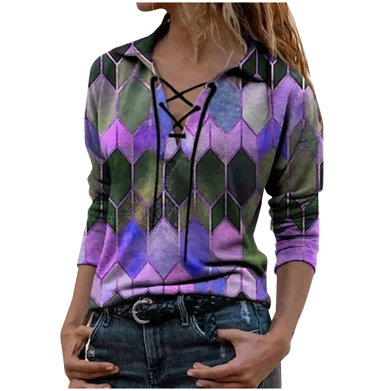 Soft Women's Long Sleeve T-Shirt - Color Matching Printed Blouse with Sheer Bandage Design | Perfect for Casual Wear, Office Outfits & Fashionable Layering