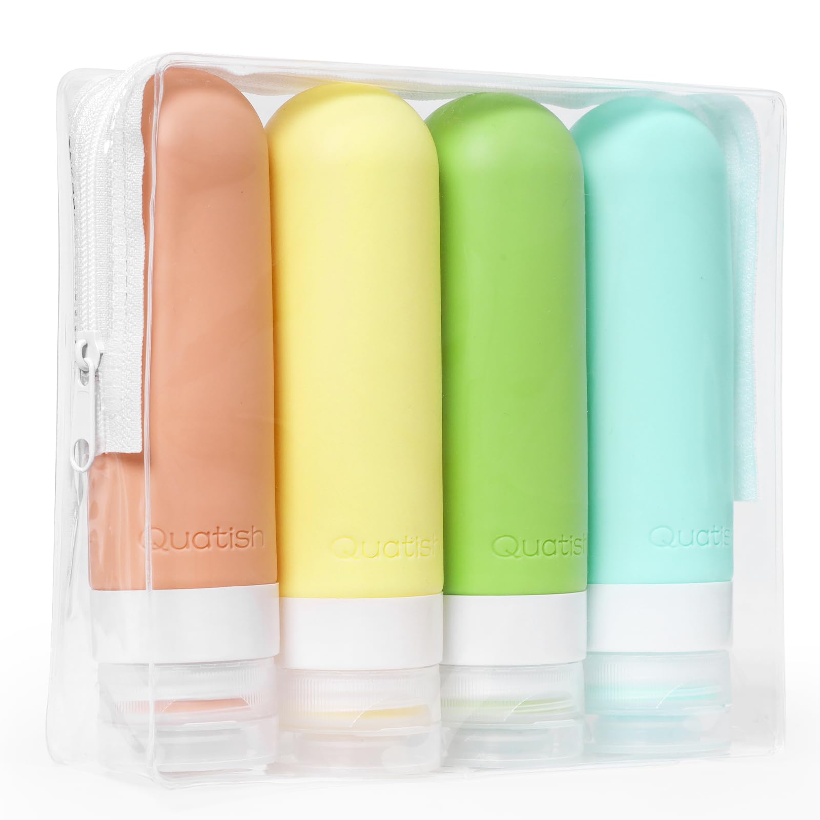 Quatish 3 oz TSA Approved Leak Proof Travel Bottles Set - Original Patented Silicone Shampoo Containers for Toiletries (4 Pack with Toiletry Bag, Multi-Color) - Perfect for Air Travel, Gym, Camping & Vacation Essentials