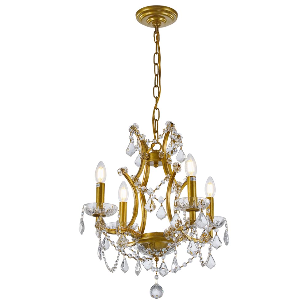 Luxury Gold Crystal Chandelier - 4-Light Mini Antique Pendant Light Fixture for Living Room, Dining Room, Kitchen Island & Foyer - D18.9