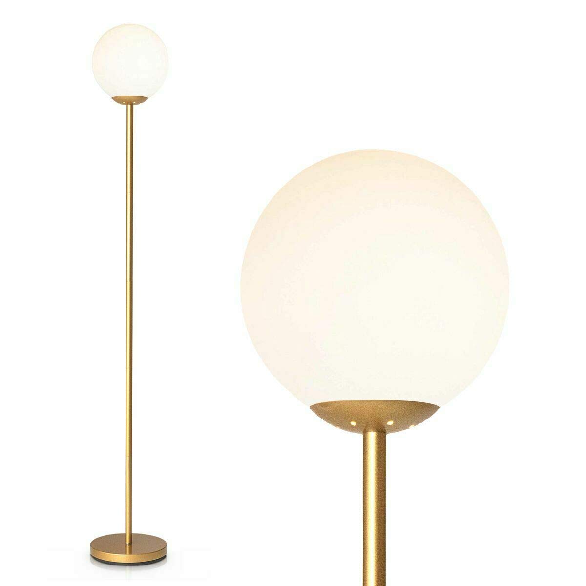 Tangkula Mid Century Modern Globe Floor Lamp - Gold Standing Light with Glass Shade for Living Room, Bedroom & Office - Tall Pole Light for Reading Nook, Lounge Area & Workspace (1-Globe)