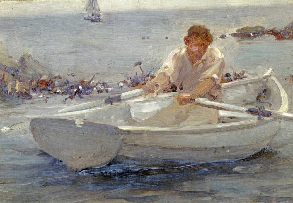 Henry Scott Tuke Man in a Rowing Boat Fine Art Print - 29x43 Inch Coastal Painting Reproduction on Premium Paper - Perfect for Framing & Wall Decor in Living Rooms, Bedrooms, or Offices