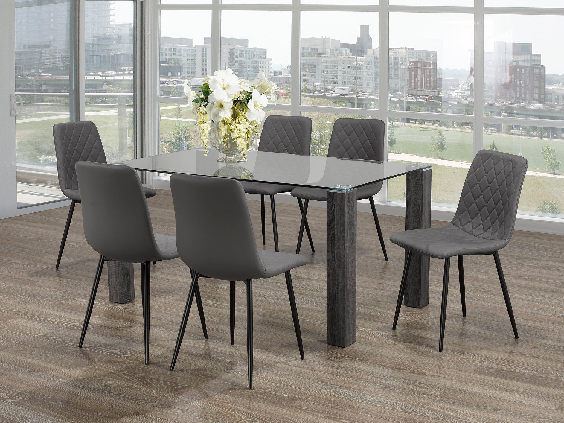 7-Piece Glass Dining Table Set with Grey Wooden Legs & Diamond Pattern Chairs - Perfect for Modern Kitchens, Dining Rooms & Small Spaces
