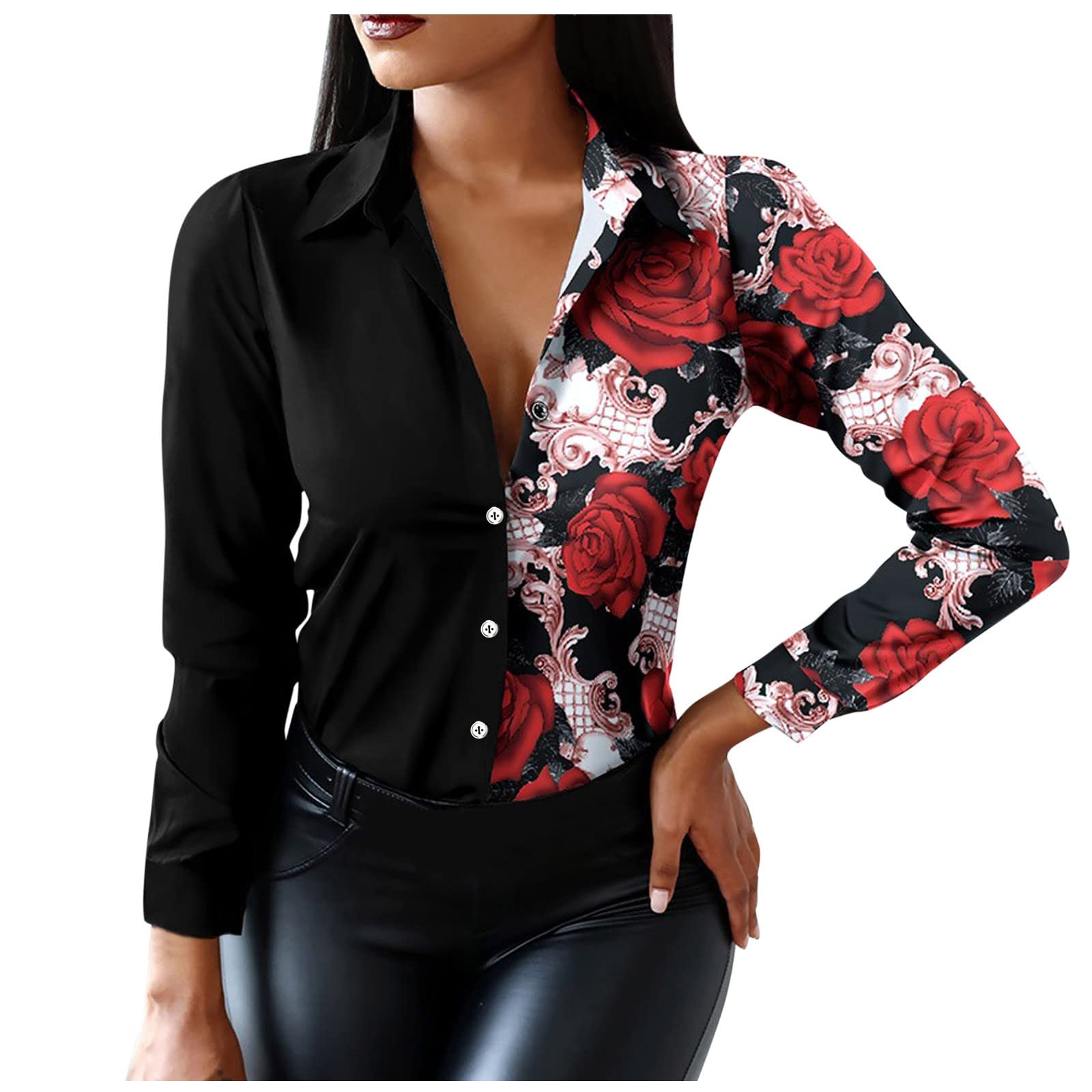 Women's Colorful Long Collar Button-Down Blouse - Loose Sleeve Casual T-Shirt & Splice Print Top for Work, Dating & Everyday Wear