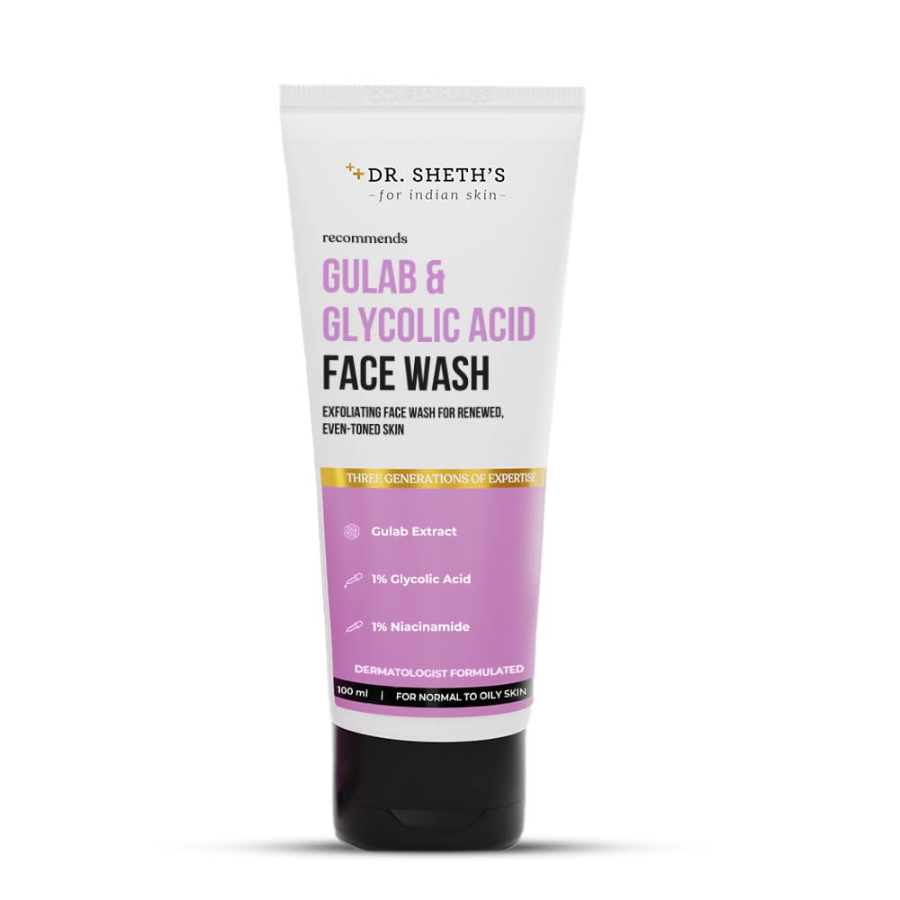 Dr. Sheth's Gulab & 1% Glycolic Acid Face Wash for Normal to Oily Skin - Brightening & Exfoliating Daily Cleanser for Even Skin Tone (Men & Women, 100ml) | Perfect for Morning & Night Skincare Routine