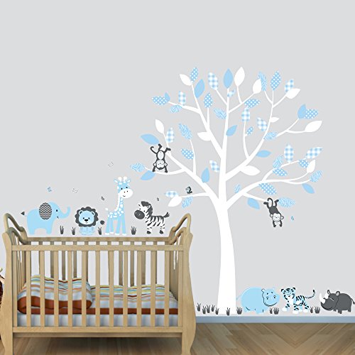 Boys Animal Decal Stickers - Hippo, Tiger, Monkey & Tree Designs in Baby Blue | Fun Nursery Decor & Kids Room Wall Art for Playrooms & Bedrooms