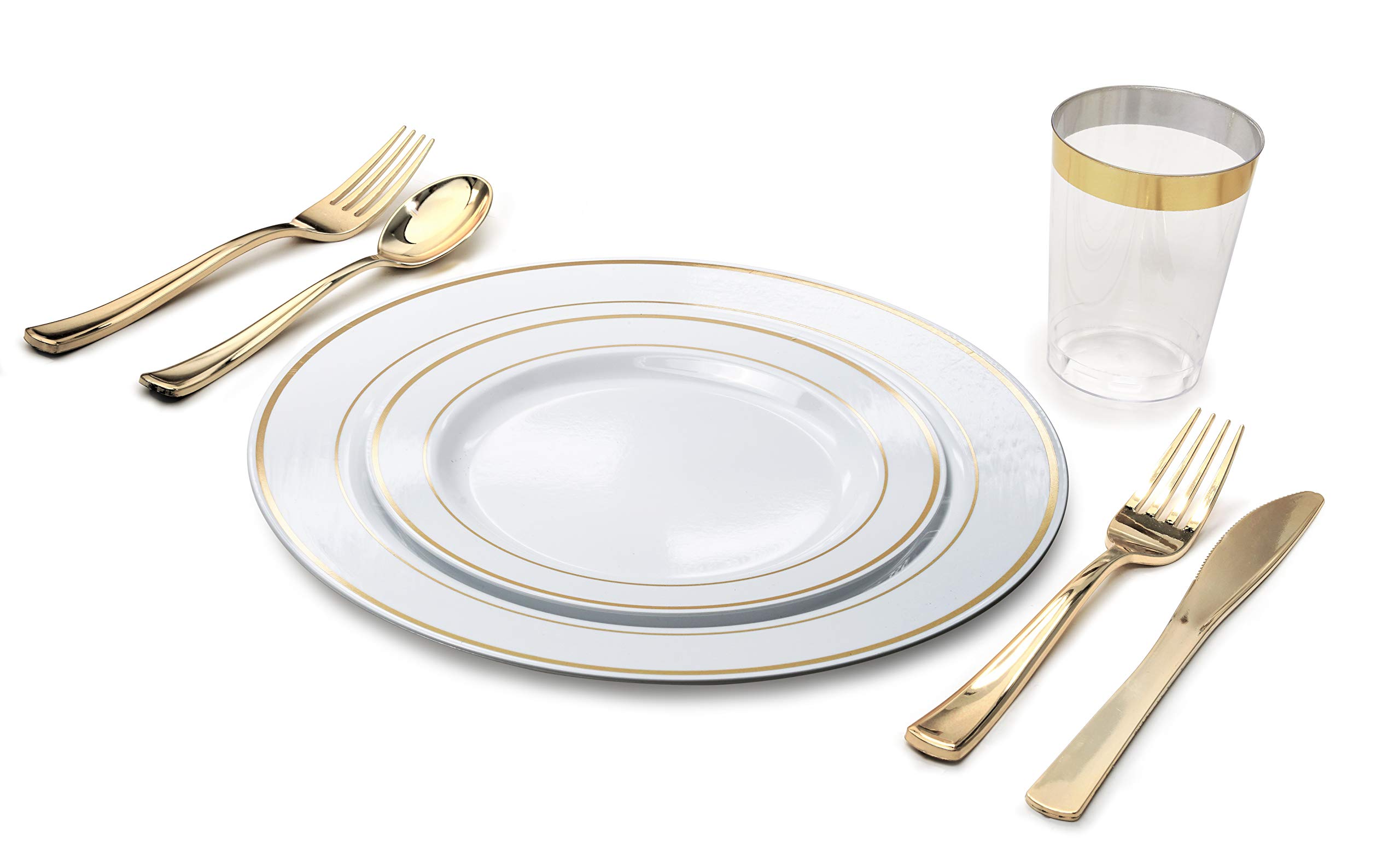 840-Piece Wedding Disposable Plastic Plates Set with Gold Silverware & Gold Rimmed Tumblers - 120 Guest Full Service (Combo A, White & Gold) - Perfect for Weddings, Bridal Showers, Anniversary Parties & Formal Events