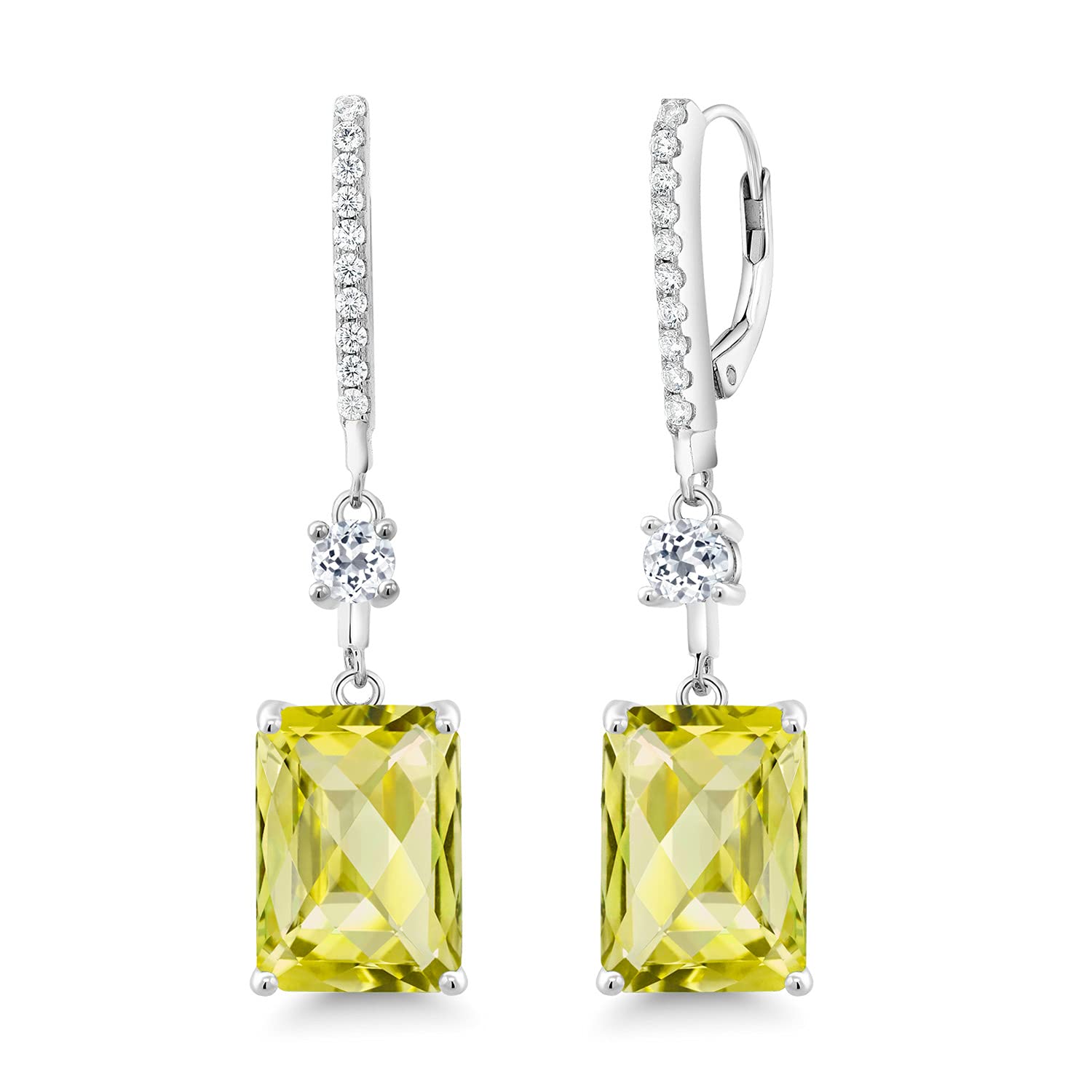 14.66 Ct Emerald Cut Lemon Quartz & White Topaz Dangle Earrings in 925 Sterling Silver | Gem Stone King | Elegant Jewelry for Women, Party & Wedding Accessories