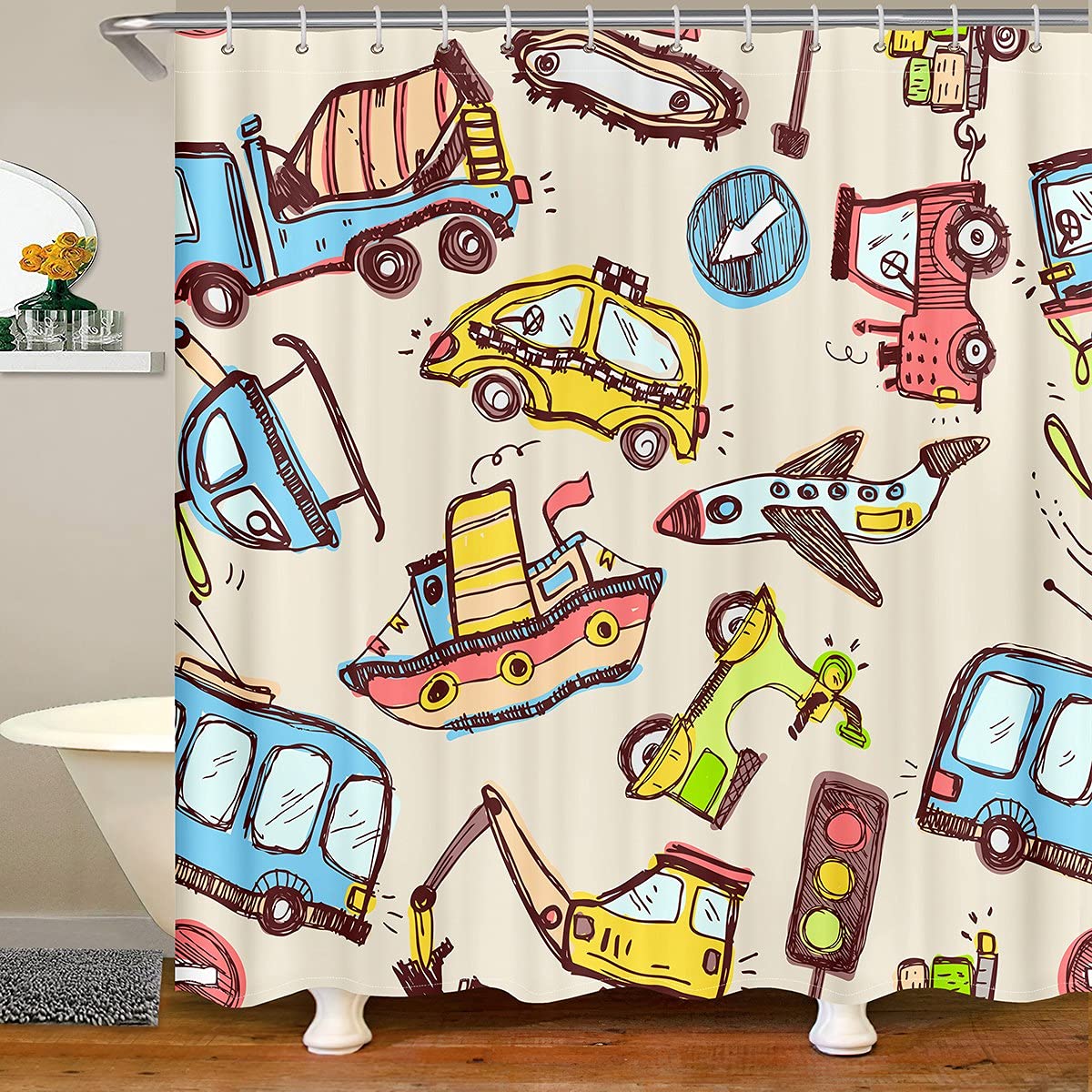 Fun Kids Construction Excavator Shower Curtain Set - Cartoon Transport Theme with Airplane & Ship Design, Waterproof Fabric Bathroom Decor (72x84 inches) - Perfect for Children's Bathrooms, Playrooms & Themed Nursery Decor