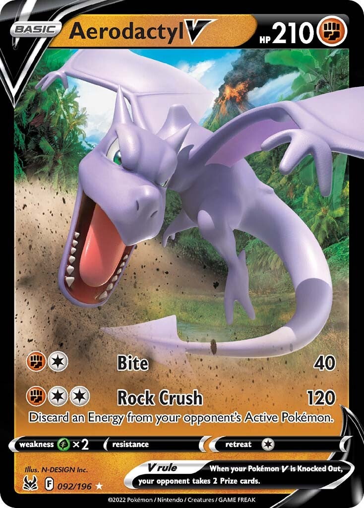 Aerodactyl V Pokemon Card 092/196 - Sword & Shield Lost Origin TCG - Rare Collectible for Battles & Trading