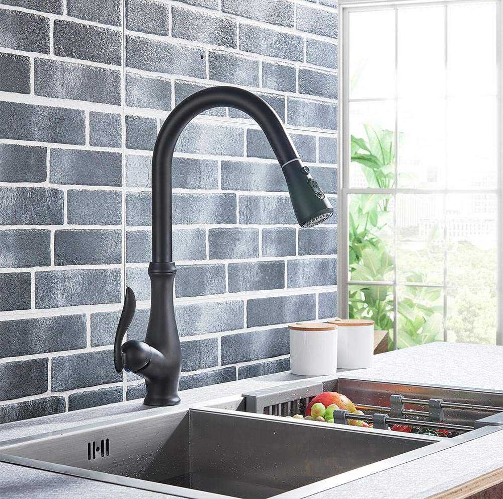 Matte Black Pull-Out Kitchen Faucet with Single Handle & Rotating Spout - Hot & Cold Water Mixer Tap for Modern Bathroom & Kitchen Sink - Perfect for Washing Dishes & Food Prep