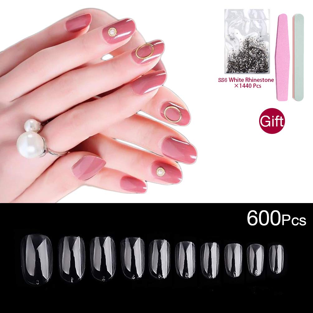600Pcs Short Oval Full Cover Acrylic False Nails - 10 Sizes for DIY Nail Art & Salon Use | Natural Clear Press-On Nails for Everyday Wear & Special Occasions
