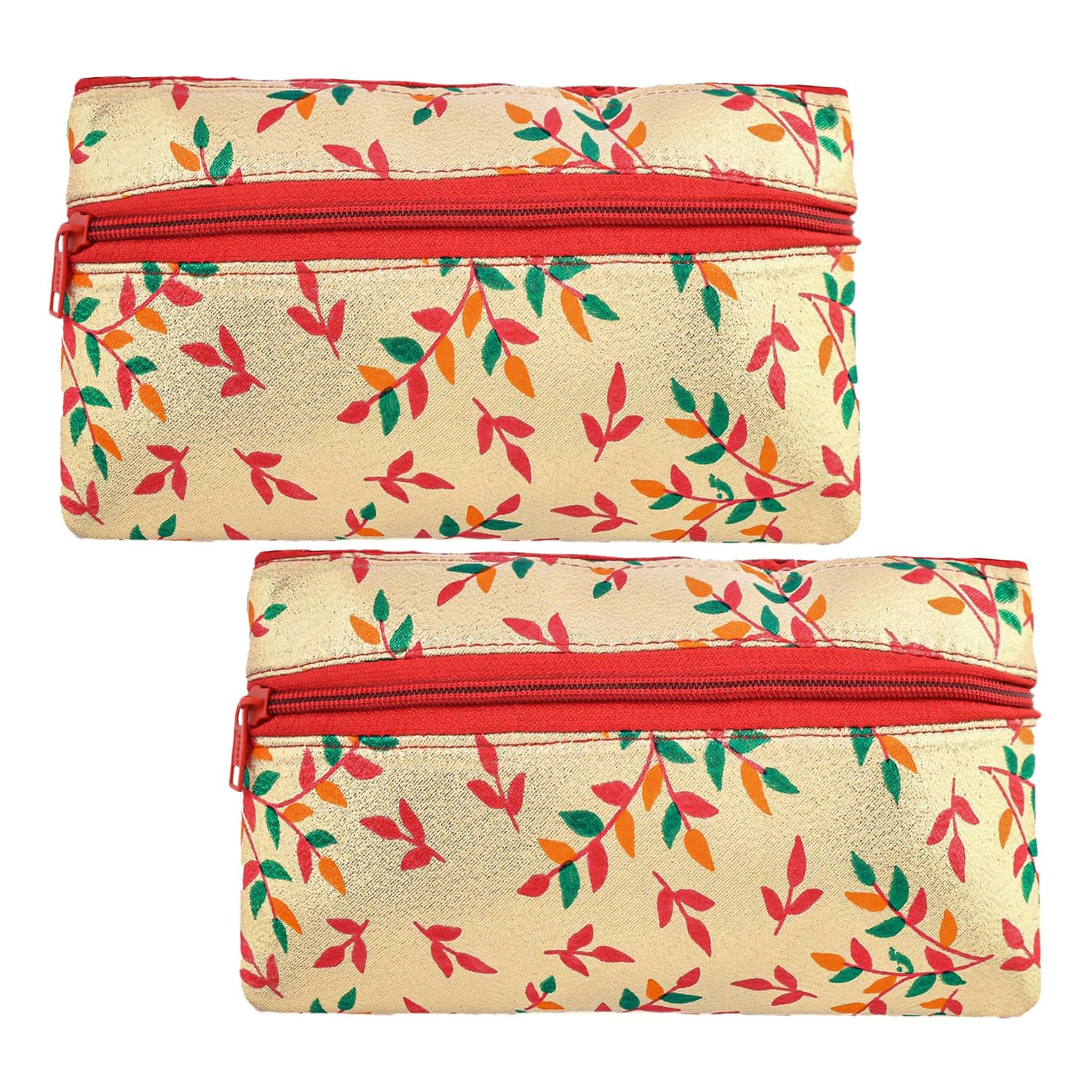 Kuber Industries Women's Silk Clutch Purse with Shining Leaf Chain - Elegant Traditional Handbag for Parties, Weddings & Special Occasions - Pack of 2 (Golden)