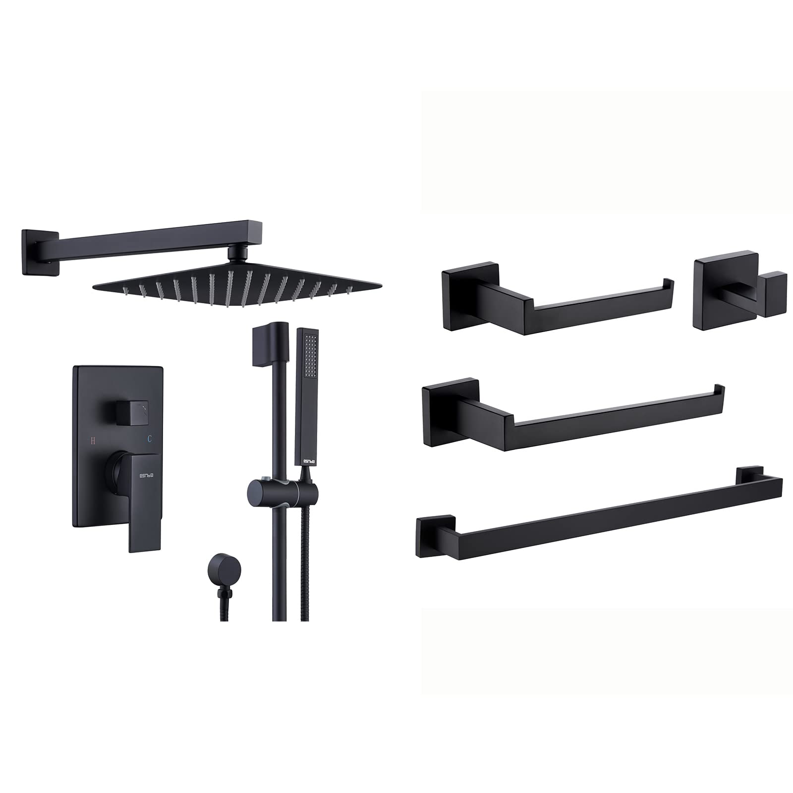 ESNBIA 10-Inch Matte Black Slide Bar Shower Faucet with Valve & Stainless Steel Bathroom Sink Faucet - Modern Bathroom Upgrade for Shower and Vanity Installation