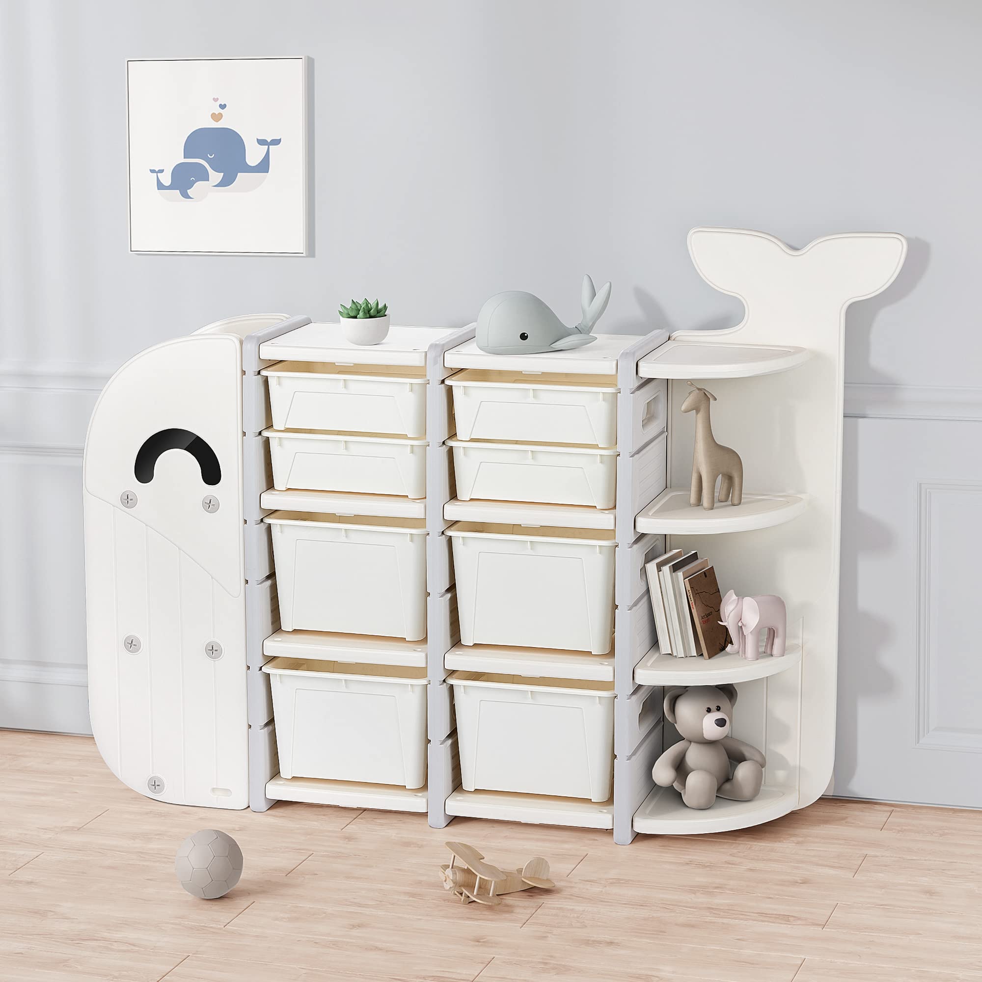 Duke Baby Kids Large 4-Layer Toy Storage Organizer with 8 Pull-Out Bins & Bookshelves - Multipurpose Toy Cabinet for Playrooms & Bedrooms (Age 1-12) - Whale Collection in White & Grey | Perfect for Organizing Toys, Books & Kids' Room Decor