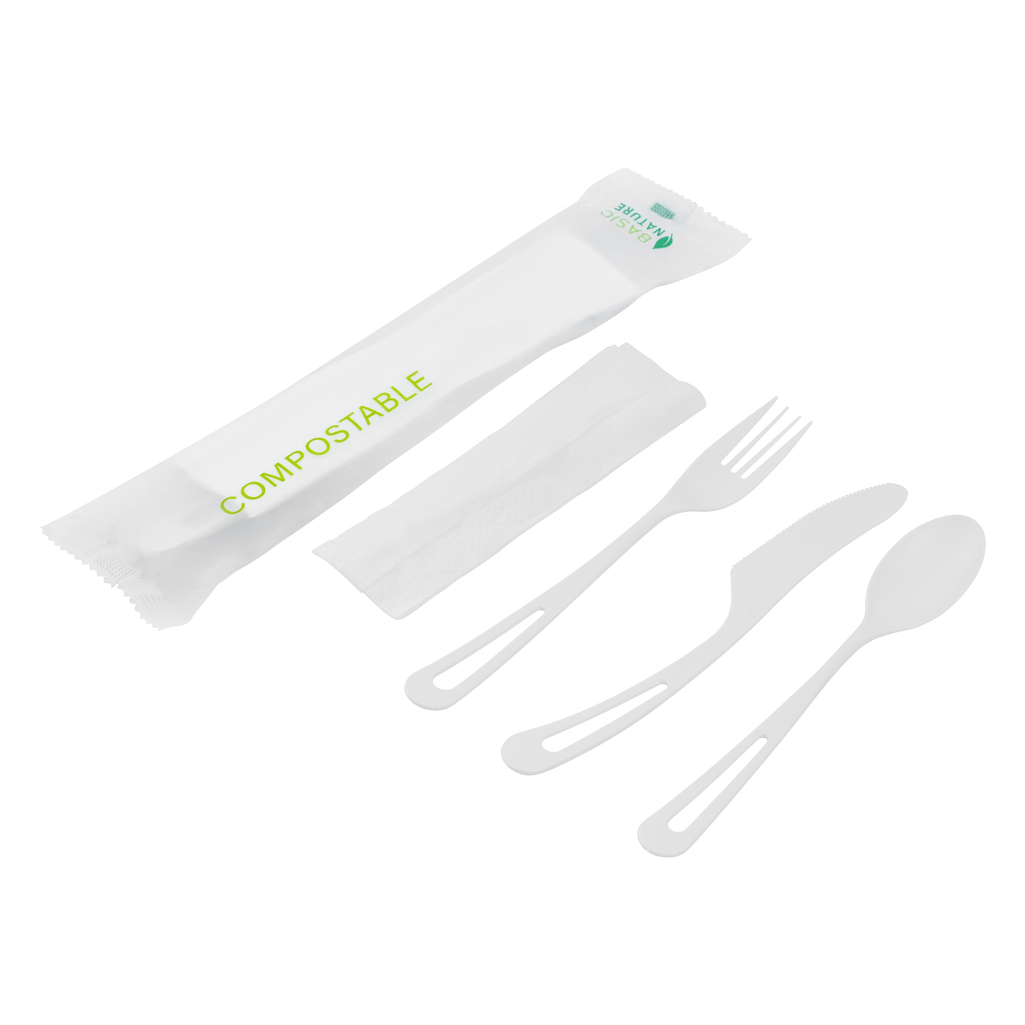 Eco-Friendly Compostable CPLA Plastic Cutlery Set - 100-Piece Box with Heat-Resistant Forks, Knives & Spoons | Includes White Napkins & Biodegradable Wrapper | Perfect for Parties, Picnics & Takeout Meals