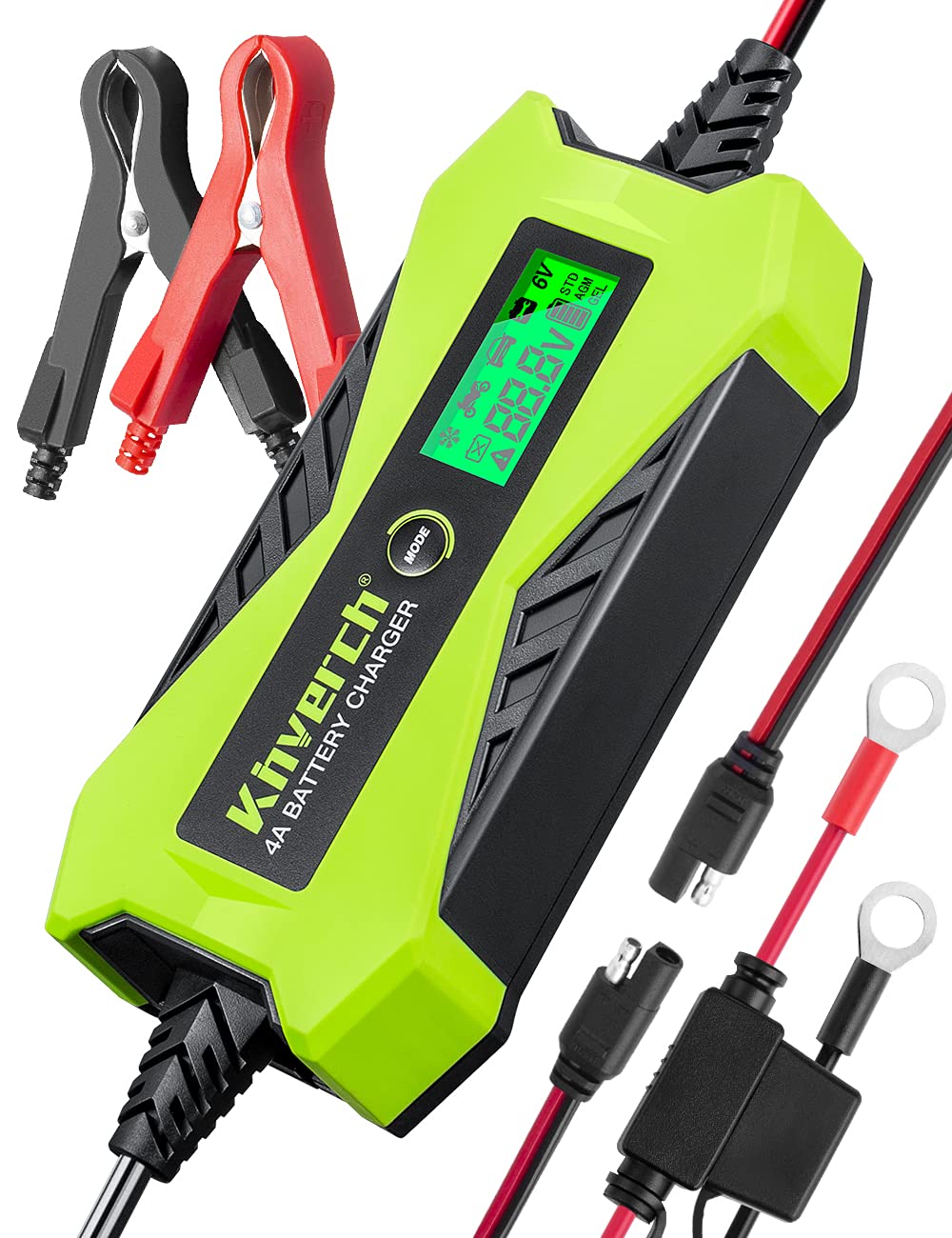 Kinverch 4A Smart Battery Charger & Maintainer - Fully Automatic 6V/12V Trickle Charger with Desulfation for Motorcycle, Boat, Truck, SUV - Perfect for Winter Storage & Vehicle Maintenance