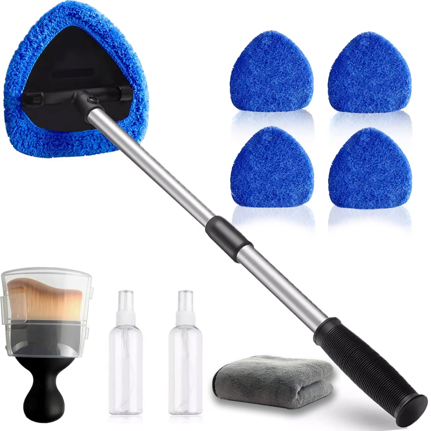 Premium Car Windshield Cleaning Kit - Expandable Window Cleaner with 4 Reusable Microfiber Pads, 2 Spray Bottles, Dust Brush & Wand Tool for Trucks, SUVs, RVs - Perfect for Auto Detailing & Interior Cleaning