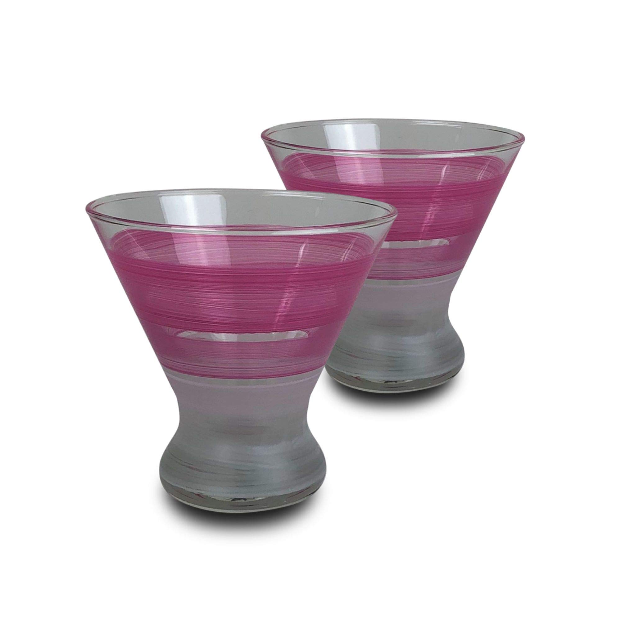 Set of 2 Pink Retro Stripe Hand Painted Cosmopolitan Wine Glasses - 8.25 oz Elegant Cocktail Glasses for Parties, Weddings & Home Bar Decor