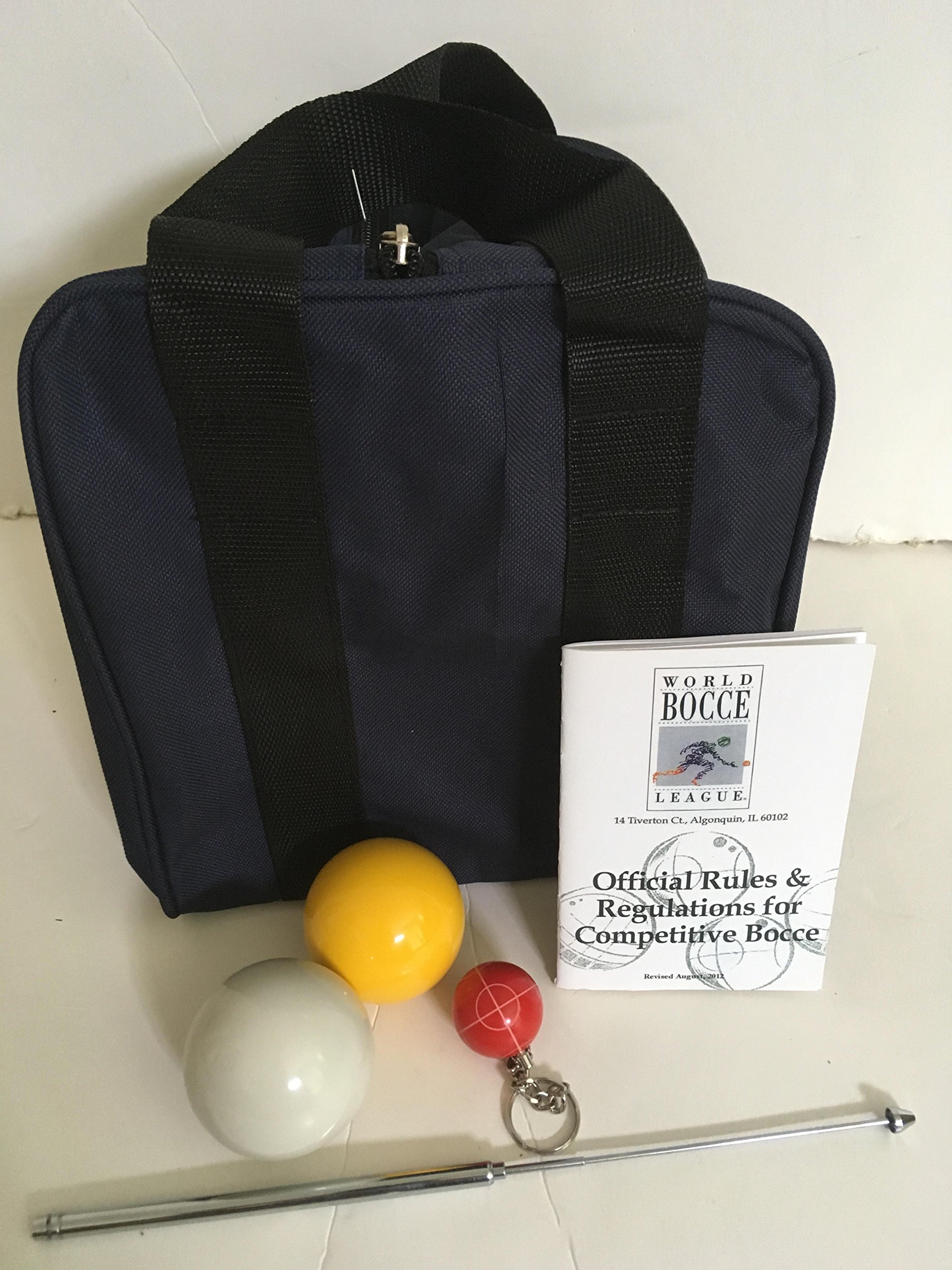 Premium Bocce Ball Set with Heavy Duty Nylon Carrying Bag - Official Size Yellow & White Pallino Balls, Extendable Measuring Tape, Rule Book & Keychain Accessories for Backyard Games, Beach Parties and Outdoor Family Fun