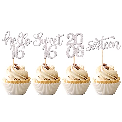 24PCS Happy 16th Birthday Cupcake Toppers - Glitter Hello 16 Sweet 16 Since 2006 Sixteen Years Old Cupcake Picks - Silver Cake Decorations for 16th Birthday Party, Anniversary Celebration, Sweet 16 Decorations - Perfect for Teen Birthday Parties, Milestone Celebrations & Cake Decorating Supplies