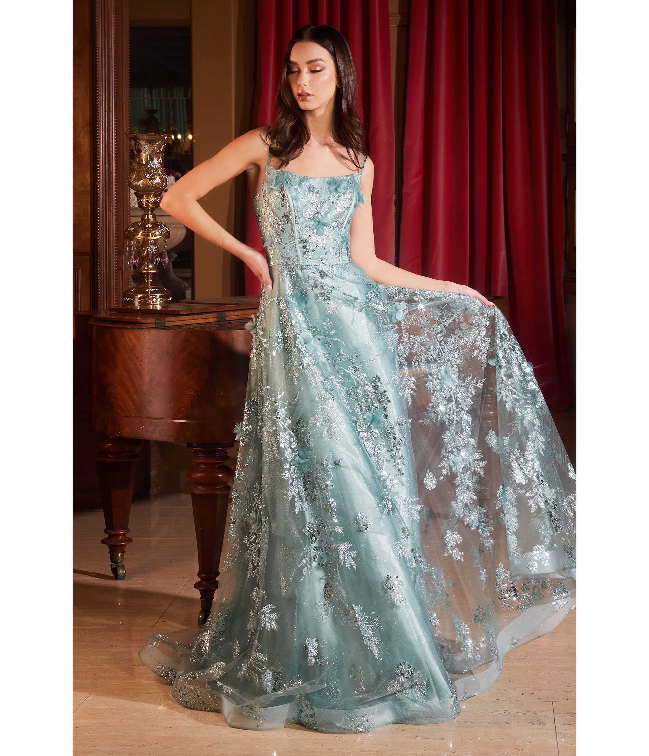 Cinderella Divine Sage Flower Sparkle Prom Gown - Elegant Long Formal Evening Dress for Homecoming, Ball, Quinceañera & Special Occasions