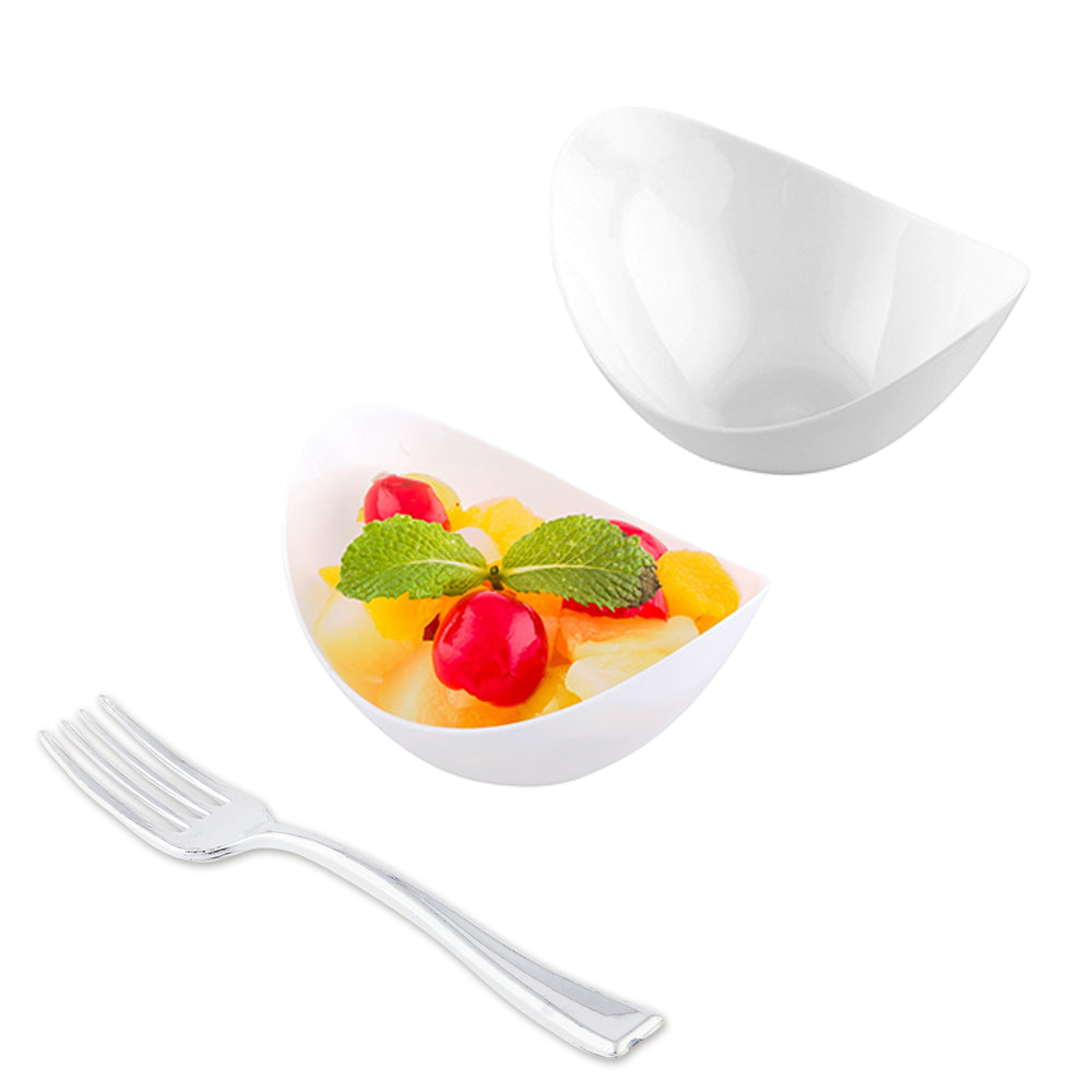 100-Pack 2 oz Oval White Plastic Tasting Dishes with 100 Silver Mini Forks - Perfect for Wine Tasting, Cheese Sampling, and Party Appetizers