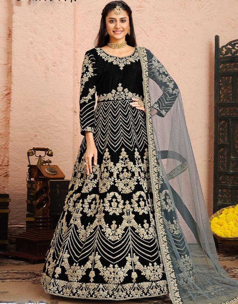 Elegant Black Velvet Anarkali Dress for Women - Traditional Indian Party Wear for Weddings, Festivals & Special Occasions