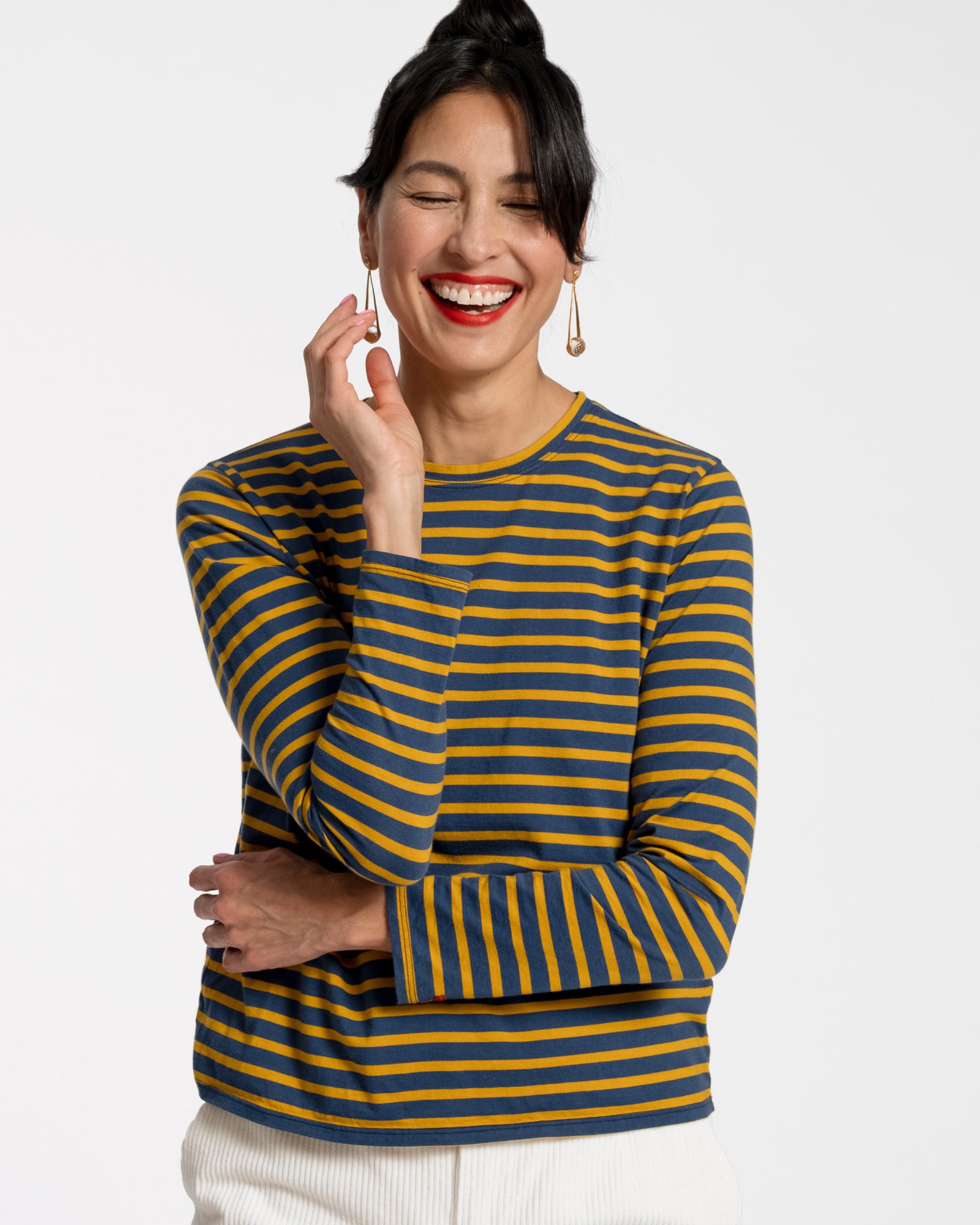 Long Sleeve Striped T-Shirt for Men & Women | Mustard & Navy Color Block | Casual Fall & Winter Wear | Office & Weekend Outfit