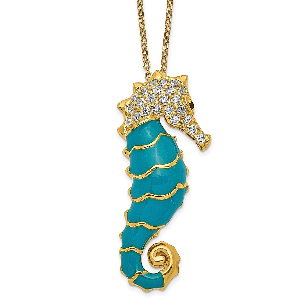 925 Sterling Silver Gold Plated Seahorse Pendant Necklace - 18