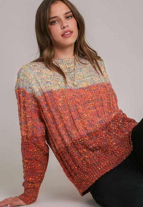 Chunky Cable Knit Color Block Sweater Women's Long Sleeve Round Neck Pullover for Fall Winter Fashion & Casual Outfits