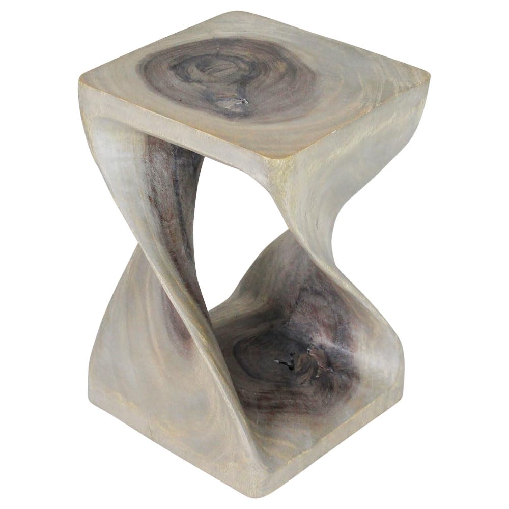 Haussmann Original Wood Twist Stool - 12x12x18 Inch End Table with Grey Oil Finish - Perfect for Living Room, Bedroom, or Office Decor