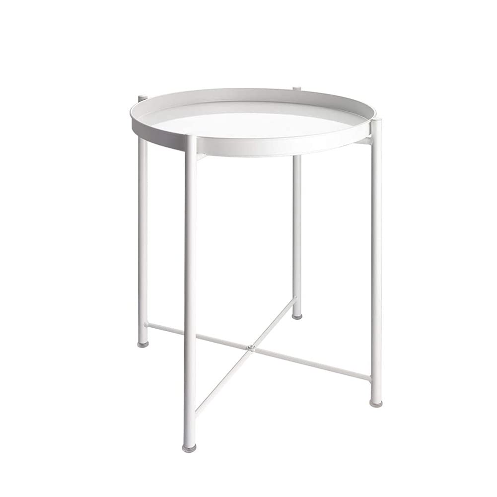 YAYADU Folding Metal Side Table with Removable Tray - Waterproof Storage Basket End Table, Small Coffee Table for Living Room, Bedroom, Balcony & Office (White, 17.3x20.5 Inches) - Perfect for Holding Magazines, Remote Controls & Decor Items