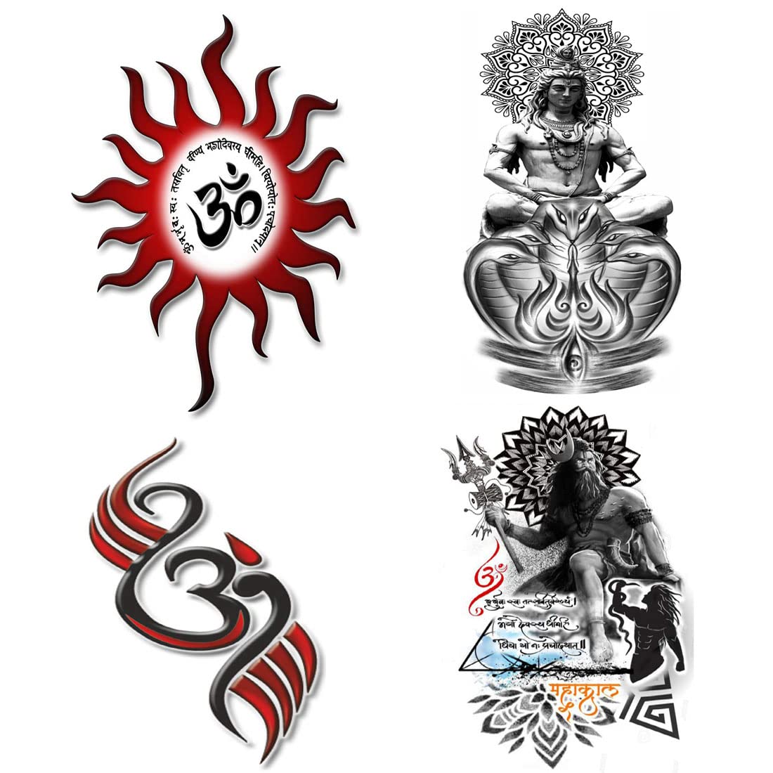Om God Shiva Black Art Temporary Tattoos - Pack of 4 Waterproof Body Stickers (2x4 Inch) for Men & Women | Perfect for Festivals, Yoga, Spiritual Events & Costume Parties