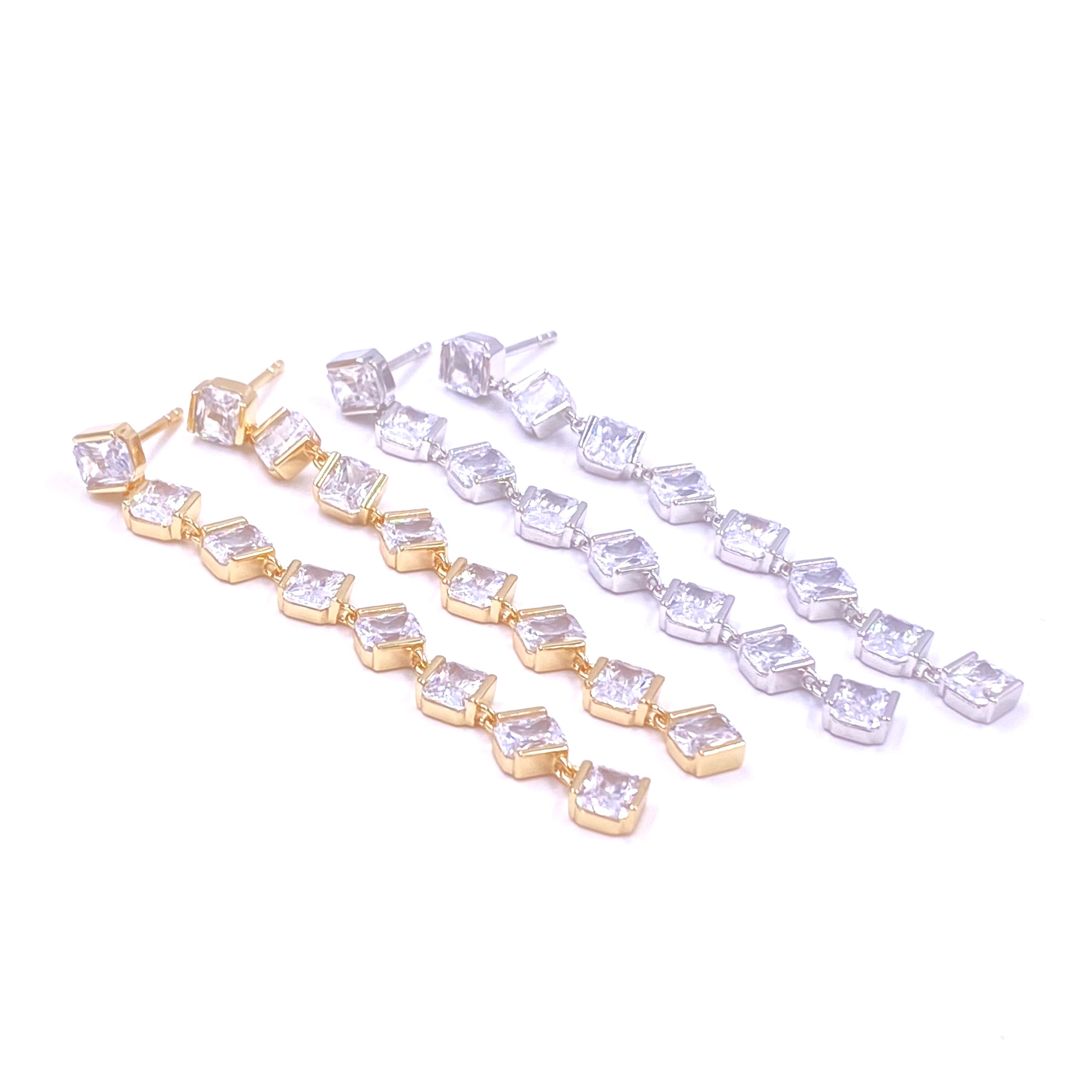 Ashley Gold Sterling Silver CZ Princess Cut Rotating Stone Drop Earrings for Women - Elegant Dangle Earrings for Party, Wedding & Special Occasions