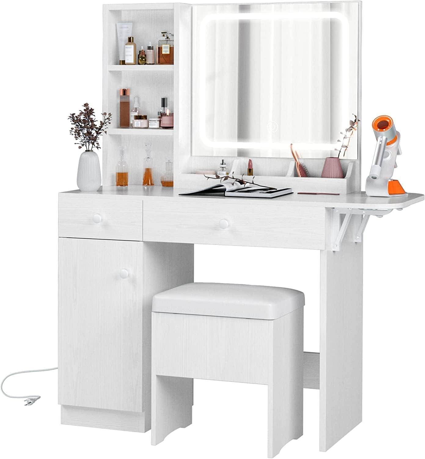 IRONCK White Vanity Desk with LED Lighted Mirror, Power Outlet & Storage Stool - Makeup Dressing Table with Drawers & Cabinet for Bedroom | Perfect for Beauty Routine, Cosmetics Organization & Home Decor