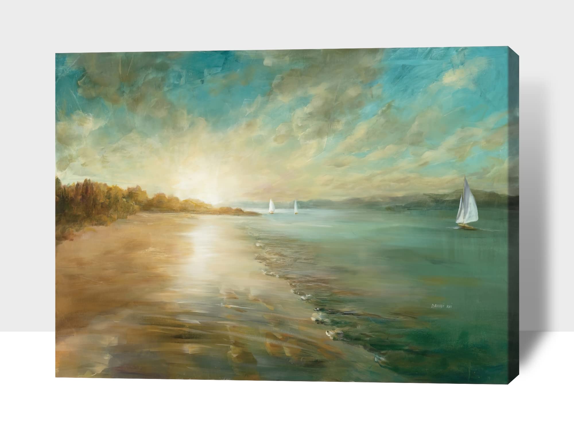 GUTTATY Framed Beach Canvas Wall Art - 32x48 Inches Ocean Sunset Sunrise Painting, Ready to Hang Bathroom & Living Room Decor - Perfect for Coastal, Nautical or Beach House Theme