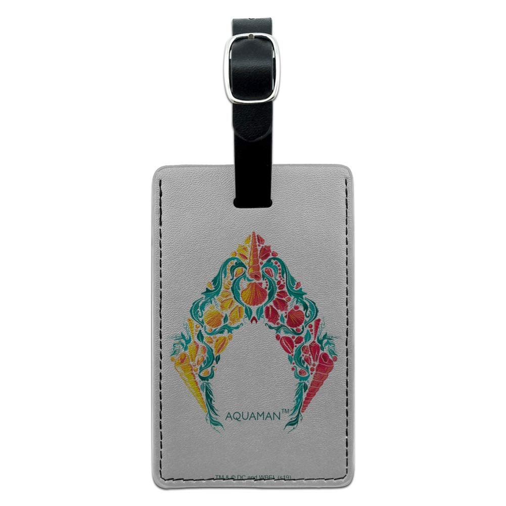 Aquaman Movie Inspired Leather Luggage Tag with Sea Shells Logo - Durable Rectangle ID Card Holder for Travel Bags, Suitcases & Backpacks - Perfect for Comic Con, Beach Vacations & Superhero Fans