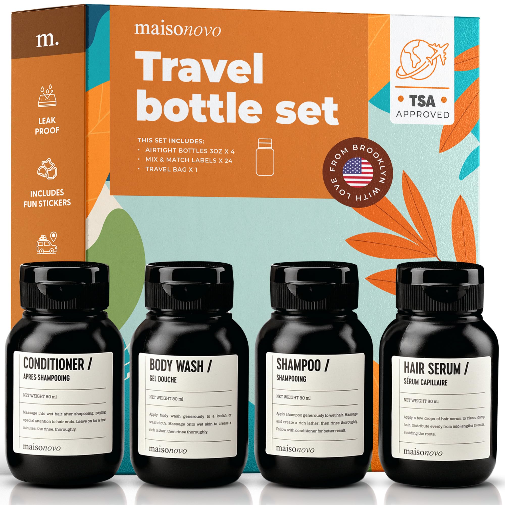 MAISONOVO TSA Approved Leak Proof Travel Bottles Set - Refillable Toiletry Containers with Waterproof Luxury Bag for Shampoo, Lotion & Cosmetics | Perfect for Air Travel, Gym & Vacation Essentials
