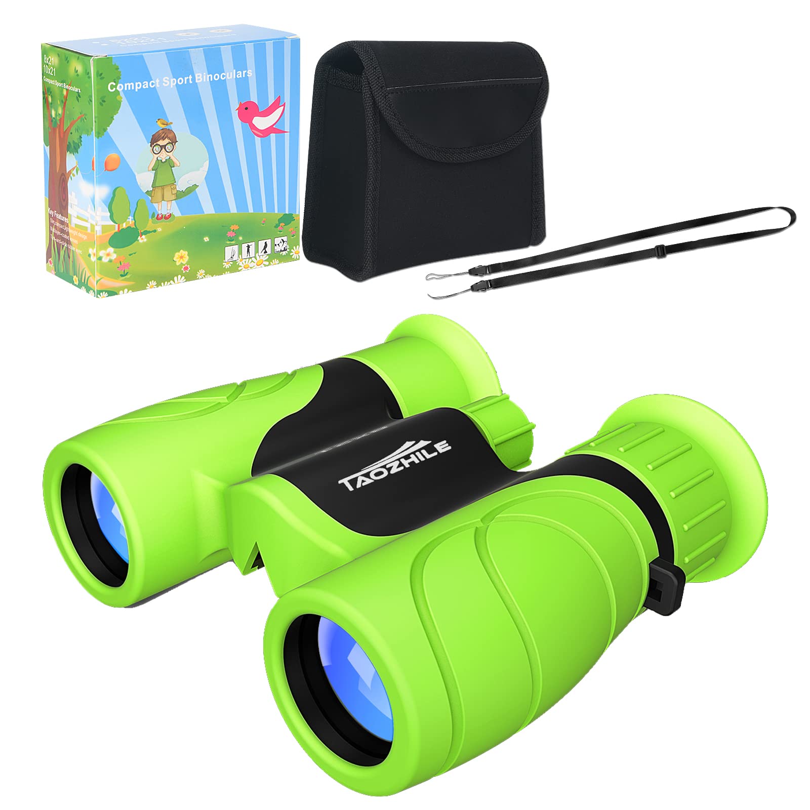 High-Resolution 8x21 Compact Binoculars for Kids - Shockproof, Lightweight with Neck Strap - Perfect for Bird Watching, Hiking, Camping, Travel & Outdoor Adventures - Best Telescope Toy Gift for Boys & Girls Ages 3-12 (Green)