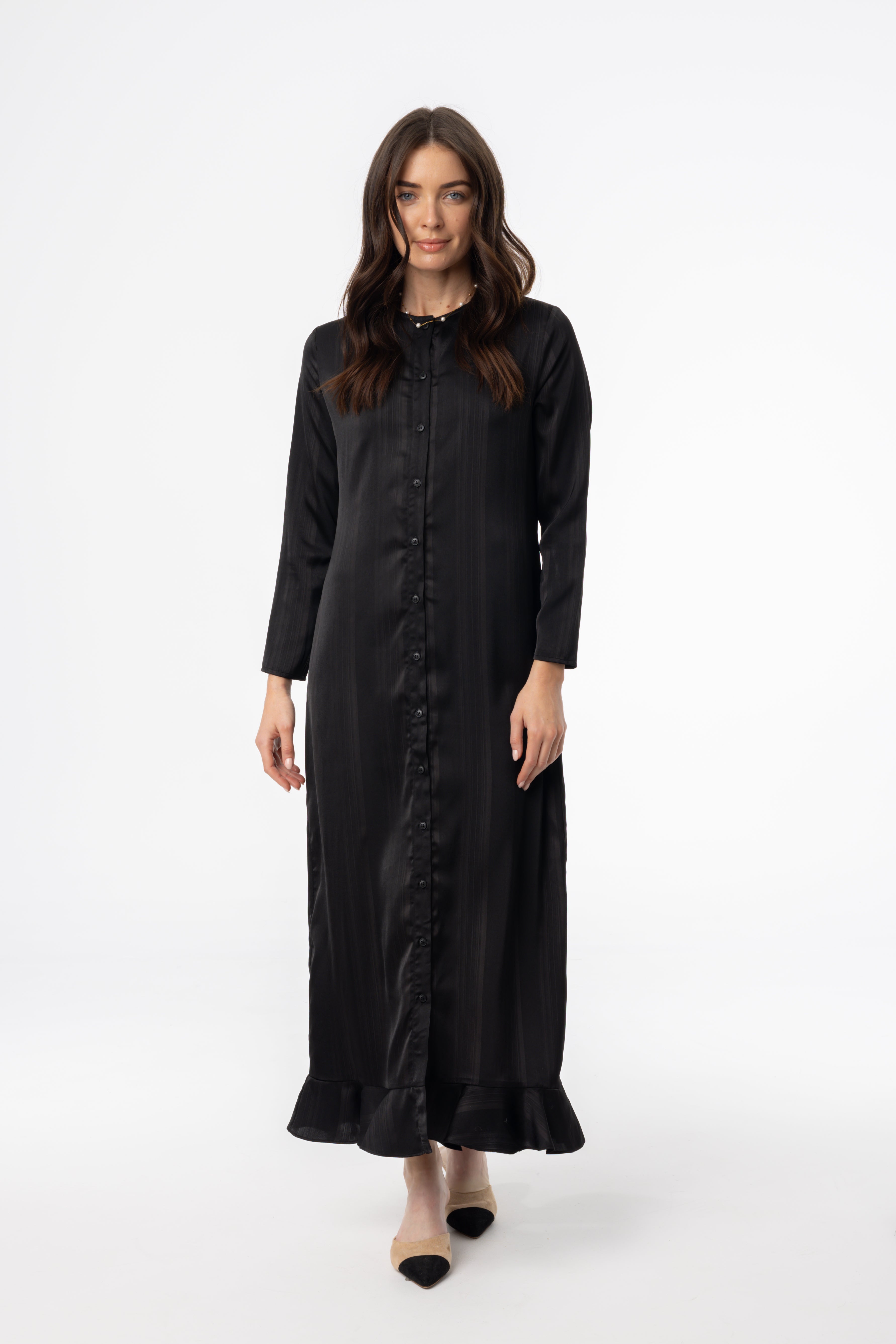 Black Striped Button Down Maxi Dress for Women - Elegant Long Sleeve Flowy Midi Dress for Casual, Office & Party Wear | Perfect for Work, Date Night & Special Occasions