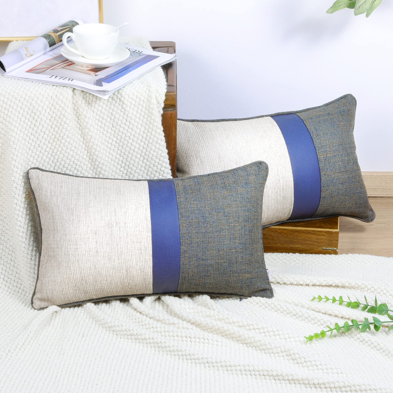 Howdy Deco Pack of 2 Patchwork Lumbar Pillow Covers - 12x20 Inch Burlap Linen Faux Leather Cushion Cases for Couch, Sofa & Chair - Farmhouse Home Decor in Dark Gray & White - Perfect for Living Room, Bedroom & Seasonal Decor