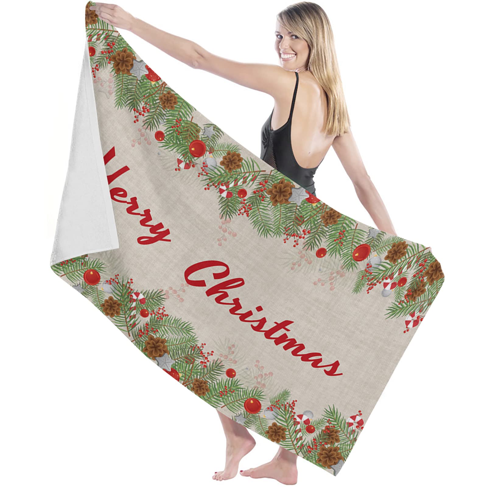 Christmas Bath Towel Set - Soft Microfiber Pine Cones & Candy Cane Design | Absorbent Fast Drying Bathroom Towels (27x55 inches) for Holiday Decor, Gym, Pool, Beach, Travel & Sports | Lightweight Durable Red Berry Pine Tree Branch Pattern